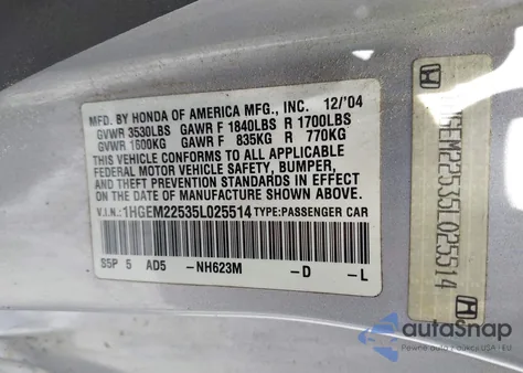 2005 Honda Civic Lx from USA, damaged, VIN 1HGEM22535L025514
